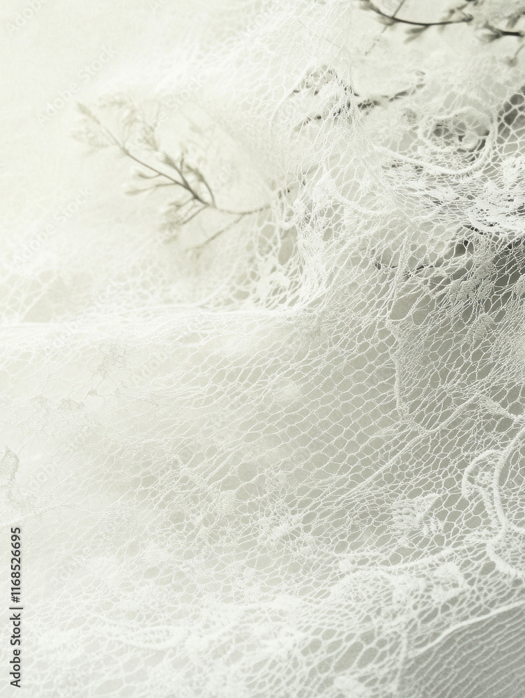 Poster Delicate white lace fabric with floral patterns and soft light creating elegant texture