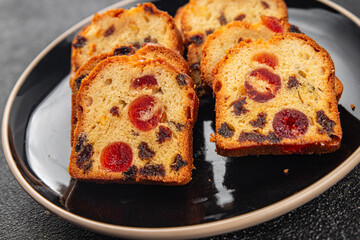 Fruit cake dessert sweet dried fruit traditional pastry, nuts meal food snack on the table copy...