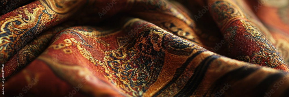Poster richly detailed close up of luxurious patterned fabric with warm tones and intricate designs