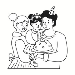 Happy family celebrating little daughter second birthday linear icon. Loving parents on child holiday doodle characters doodle thin line illustration