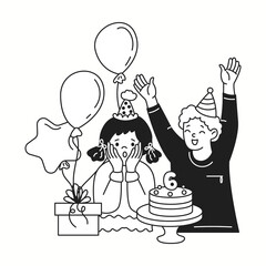 Birthday party for little children linear icon. Surprised girl and happy boy celebrating holiday doodle characters doodle thin line illustration