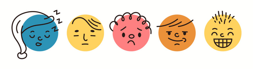 Feelings on funny faces emojis doodle flat color vector icon set. Online emotional reaction symbols illustrations pack on white background