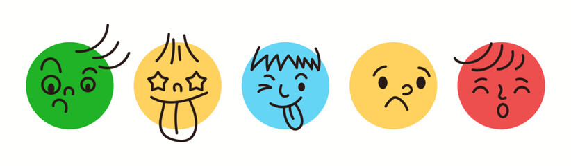 Cute emojis expressions doodle flat color vector icon set. Visual symbols of feelings for chats illustrations pack on white background
