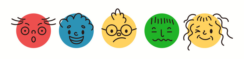 Various feelings funny emojis doodle flat color vector icon set. Online chat emotional reaction sign illustrations pack on white background