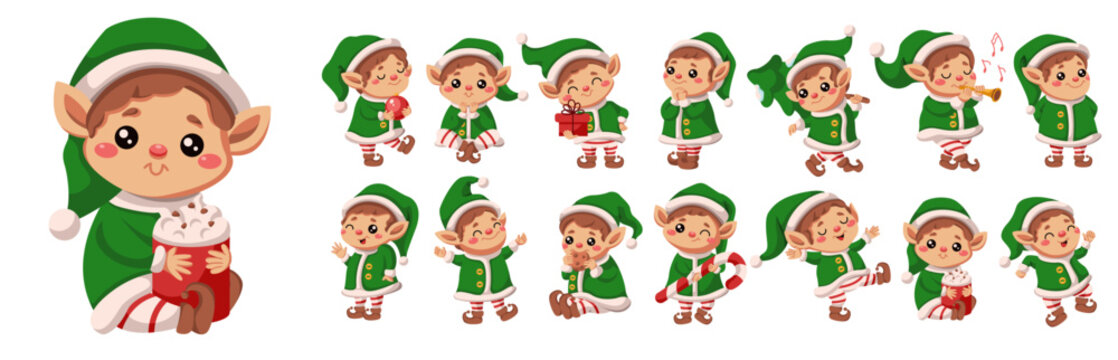 Cute Christmas elves different expression flat color vector icon set. Winter holiday celebrating characters pack on white background