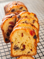 Fruit cake dessert sweet dried fruit traditional pastry, nuts meal food snack on the table copy space food background rustic top view