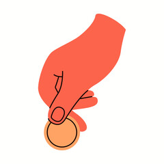 Hand holding golden coin flat color vector illustration. Person ccloseup cartoon icon on white background