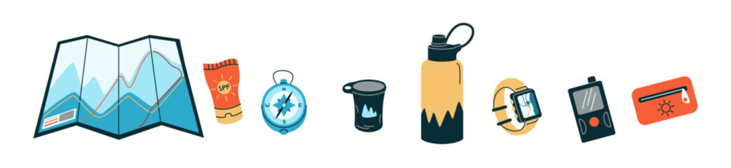 Necessary equipment for hiking flat color vector objects set. Touristic inventory with map and devices illustrations bundle on white background
