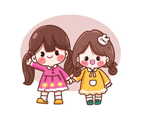 Cute Cartoon Best Friends Holding Hands Vector Illustration
