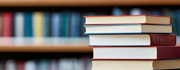 Fototapeta premium stack of books on table with blurred bookshelf in background