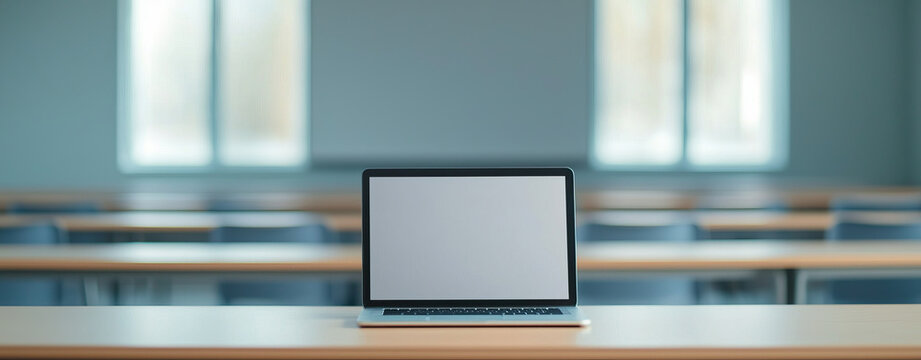 laptop on desk in empty classroom with large windows and natural light