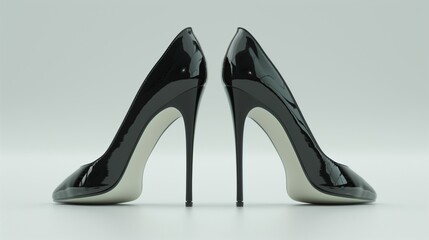 A pair of elegant black high heels with glossy finishes, placed side by side on a clean white background.
