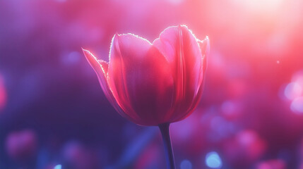 Close-Up of a Single Vibrant Tulip in Full Bloom with Soft Pink and Purple Bokeh Background - Perfect for Floral Art, Nature Photography, and Spring Themes