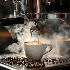 Espresso poruing from coffee machine at cafe