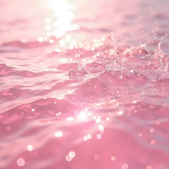 Close-up texture of transparent pink water with splashes and bubbles under sunlight. Trendy abstract summer nature background. Beauty, spa, cosmetics, travel and vacation concept.