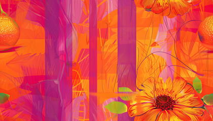 Vibrant Orange and Pink Abstract Floral Illustration