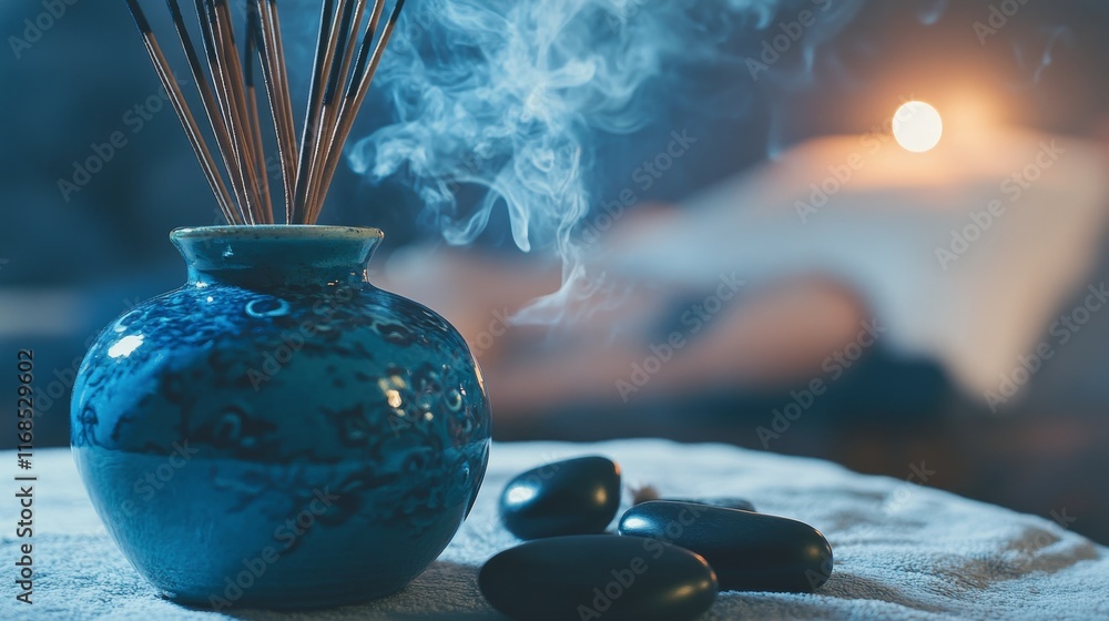 Poster relaxing interior with incense and stones creating a calming atmosphere in a serene bedroom setting