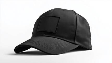 Black baseball cap with a black patch for your logo. Mockup. Blank for designer's work. Isolate on a white background. Accessory for athletes, baseball players, bikers, rockers.