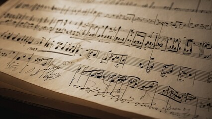 Fototapeta premium Close-up of aged musical sheet music with handwritten notes and annotations