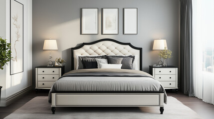 A middle-class family clean simple high-end bedroom, mainly black, supplemented by gray and a small amount of white, furniture bed is quite textured, there is a clean wall, simple carpet.