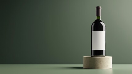 Red wine bottle mockup with a blank white label on a green background, with copy space