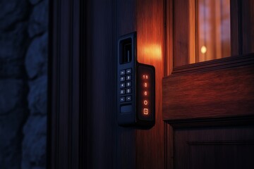 Smart door lock with an illuminated keypad on a dark walnut door, soft evening light.