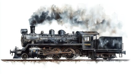 Obraz premium Vintage steam locomotive emitting dark smoke, watercolor painting.