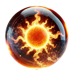 A glowing, fiery sphere reminiscent of a sun encapsulated within a transparent bubble.

