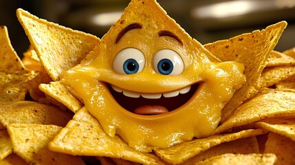 Fototapeta premium Happy cheese nachos face, food, studio, background blur, advertising