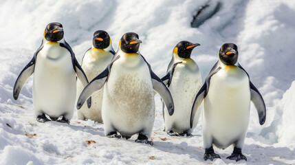Fototapeta premium Penguins. Penguins on the iceberg behind the snow bank. In Antarctica. Penguin Awareness Day.