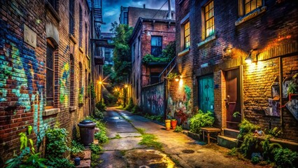 Fototapeta premium Dark Vintage Urban Alleyway Backyard Graffiti, Grunge Wall, Brick, Shadow, Night