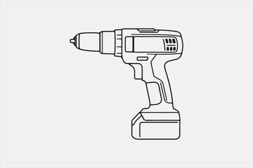 A minimalist black-and-white illustration of a cordless power drill focusing on clean lines and a modern design.