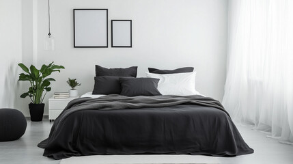 A middle-class family clean simple high-end bedroom, mainly black, supplemented by gray and a small amount of white, furniture bed is quite textured, there is a clean wall, simple carpet.