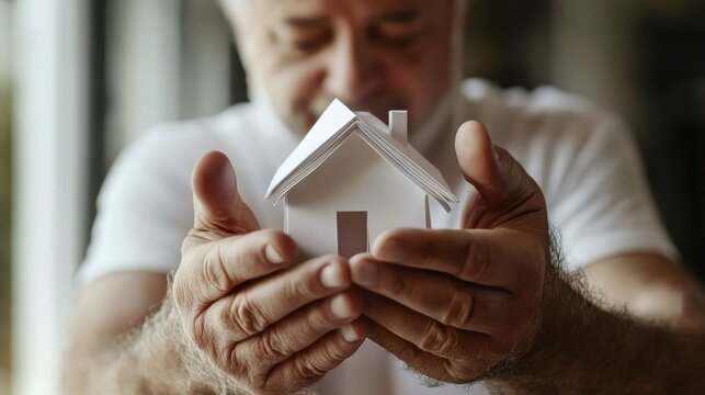 Elderly man holding miniature house home environment lifestyle content warm indoor setting focus on care and community