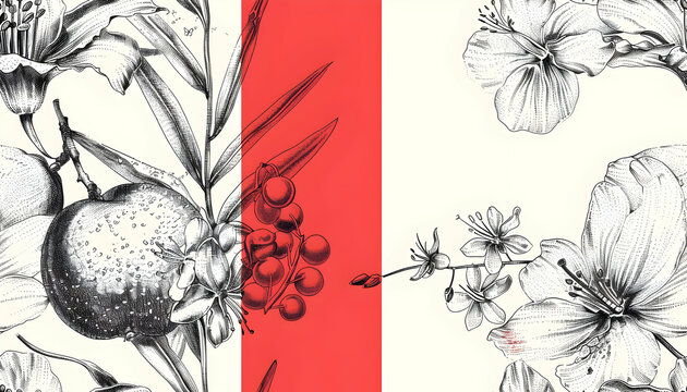 Floral Botanical Illustration with Red Accent