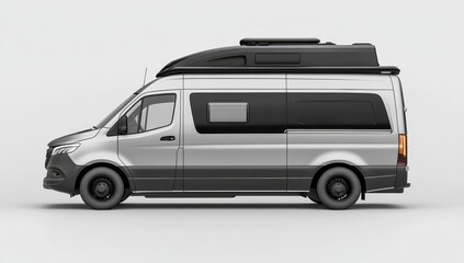 Silver camper van with rooftop tent, side profile. (1)