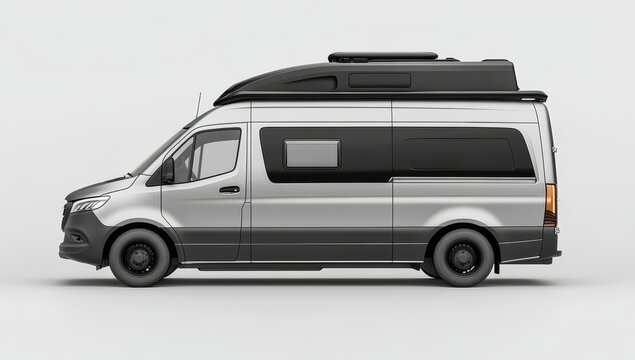 Silver camper van with rooftop tent, side profile. (1)