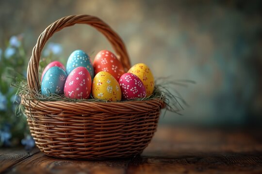 Bunte Ostereier in rustikalen K&ouml;rben &ndash; Fr&uuml;hlingshafte Dekoration