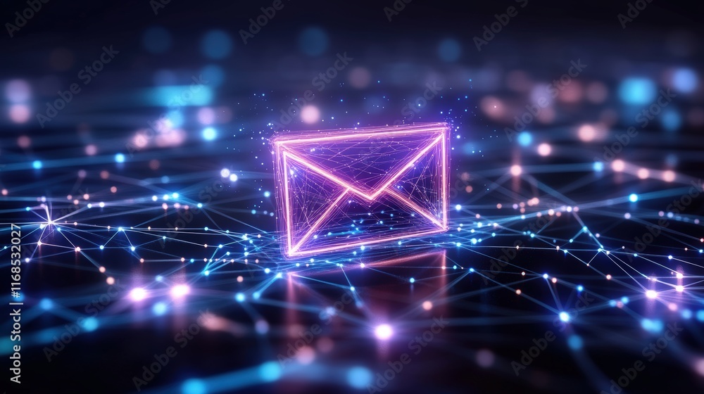 Poster digital envelope: a glowing, abstract email icon rests on a network of interconnected lines, symboli