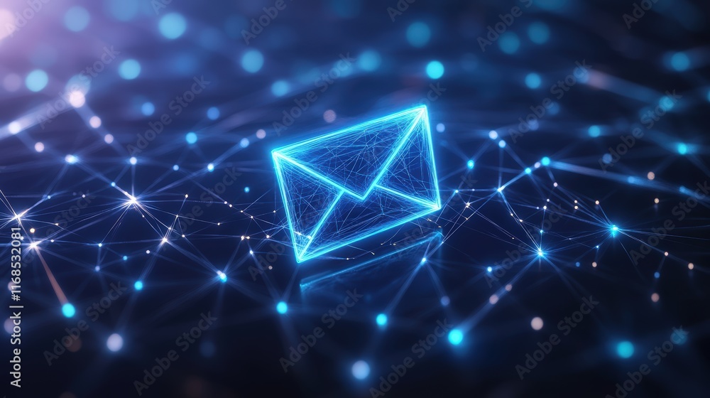 Poster futuristic glowing email symbol surrounded by interconnected digital lines and nodes, representing o
