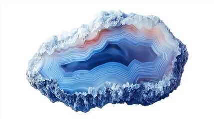 Blue agate mineral with layered patterns isolated on a white background
