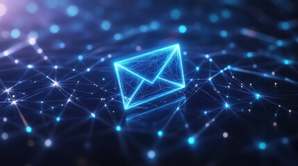 Futuristic glowing email symbol surrounded by interconnected digital lines and nodes, representing online communication, data sharing, and modern messaging technology in a virtual network.
