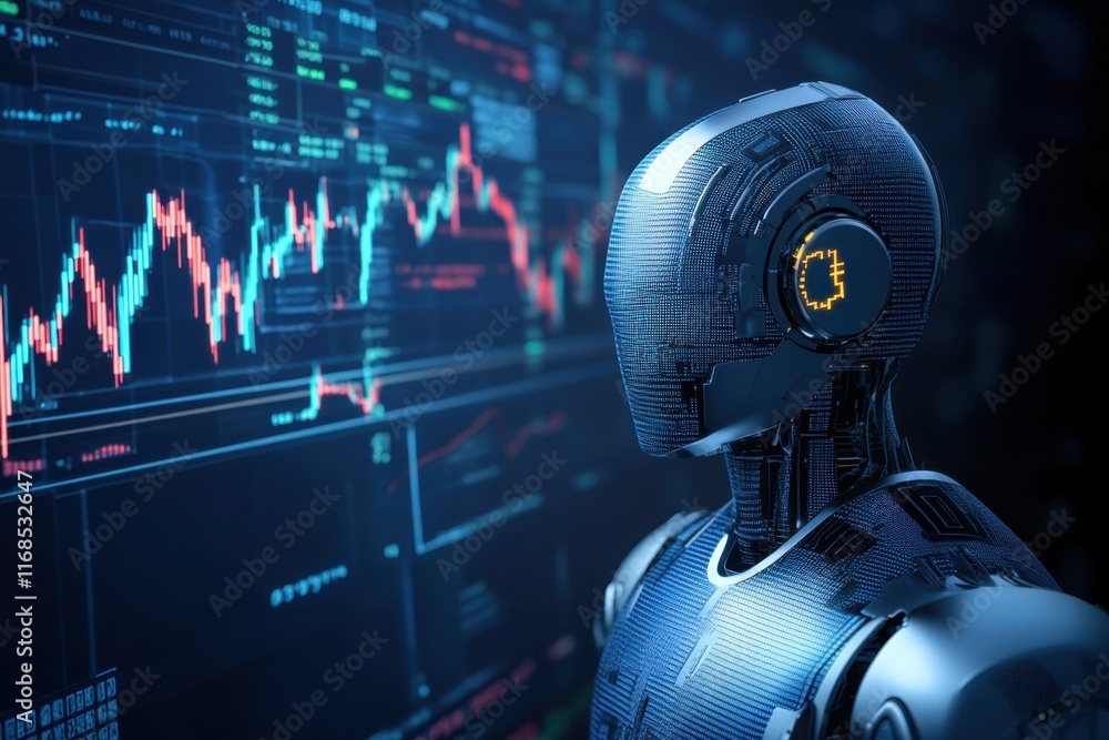 Poster futuristic robot analyzing stock market data with digital displays