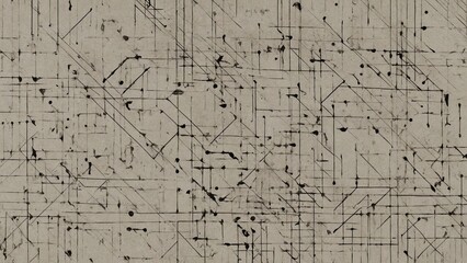 Abstract monochrome artwork featuring intricate lines and patterns on a textured background