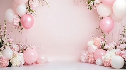 Pink and white balloons with flowers create a lovely backdrop