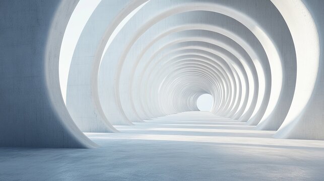Abstract white tunnel with circular arches, leading to bright light.
