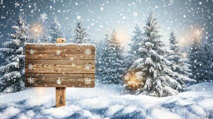 A festive wooden sign set in a winter wonderland, with snow-covered trees and snowflakes gently falling under a soft, glowing sky. --ar 16:9 --v 6.1 Job ID: ac44b449-72af-4a0e-8962-3d3a2fdf44f5