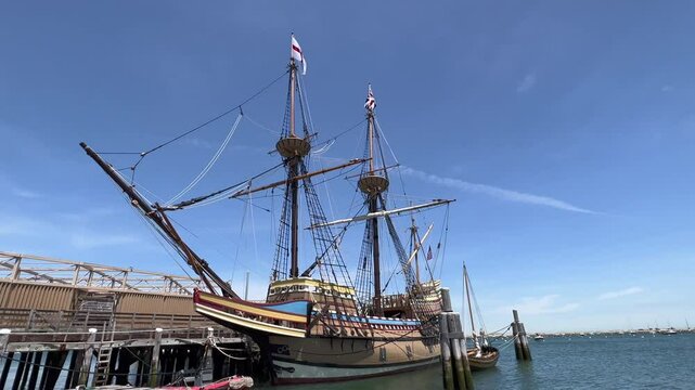 Plymouth, MA, USA, footage of "Mayflower II" a reproduction of the 17th-century ship Mayflower, for transporting the Pilgrims to the New World in 1620, located in Pilgrim Memorial State Park