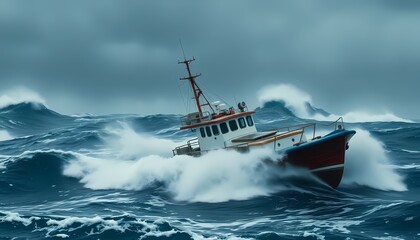 Fototapeta premium Fishing Boat Battling Storm on Sea Waves