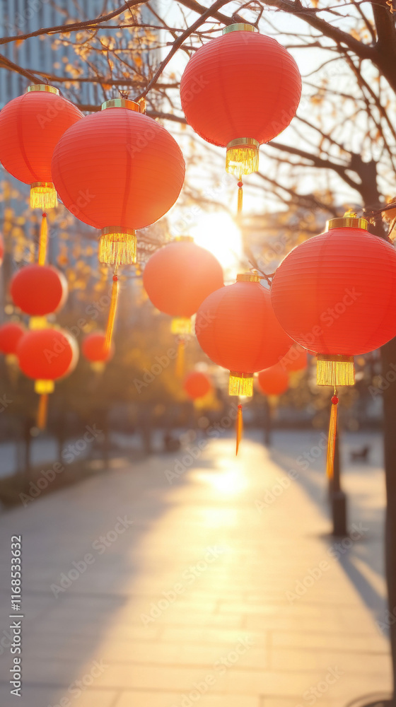 Poster bright red lanterns hanging from trees during sunset, creating festive atmosphere